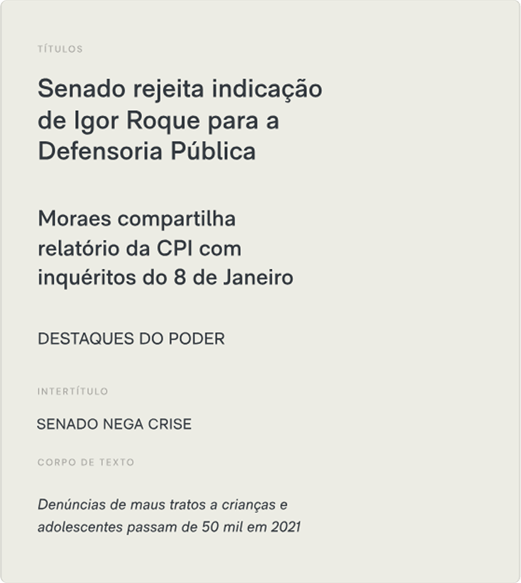 Estilos tipográficos do Poder360 para título, linha fina, intertítulo e corpo de texto