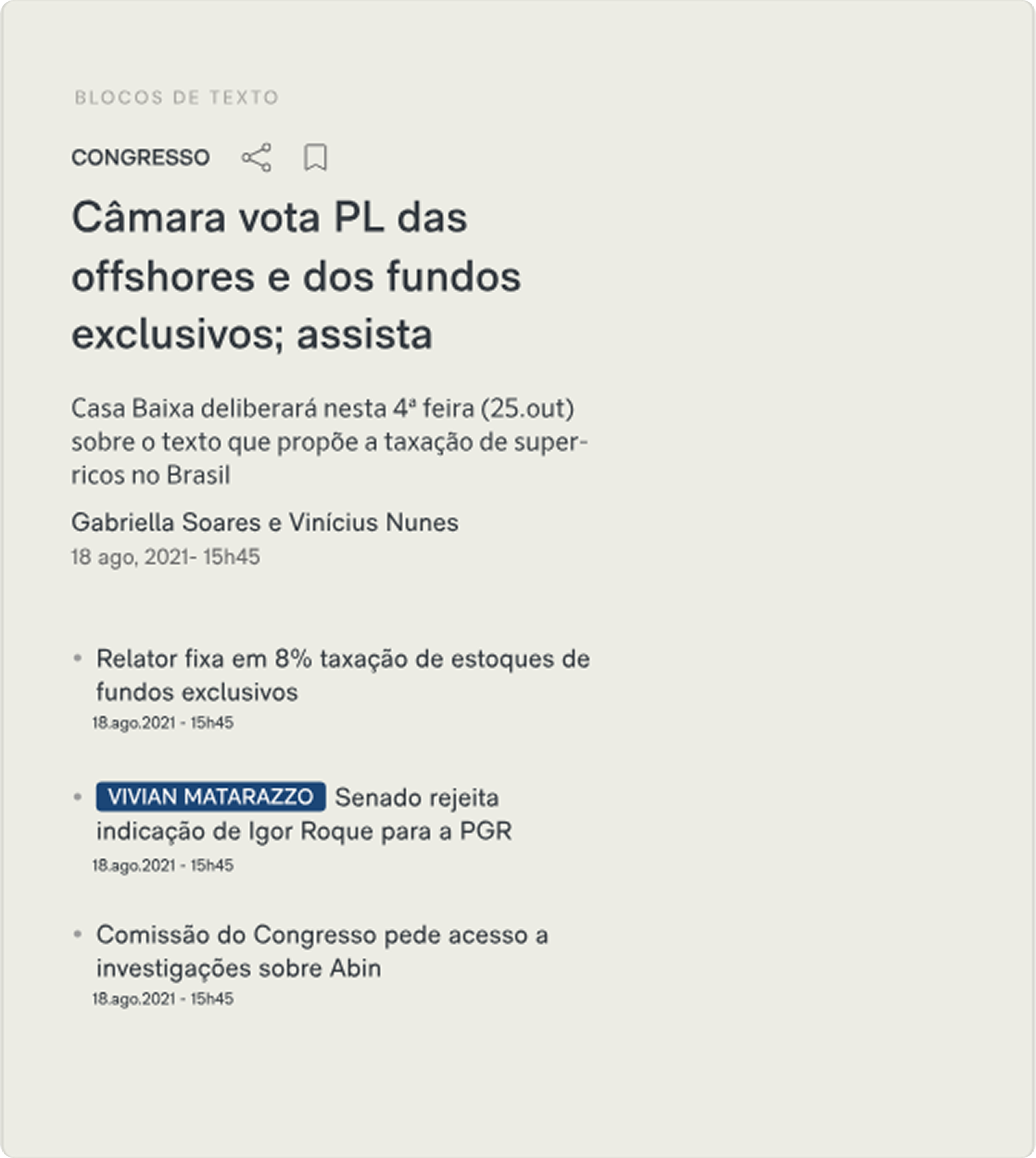 Bloco de texto do Poder360 com chapéu, manchete, resumo e lista de notícias relacionadas