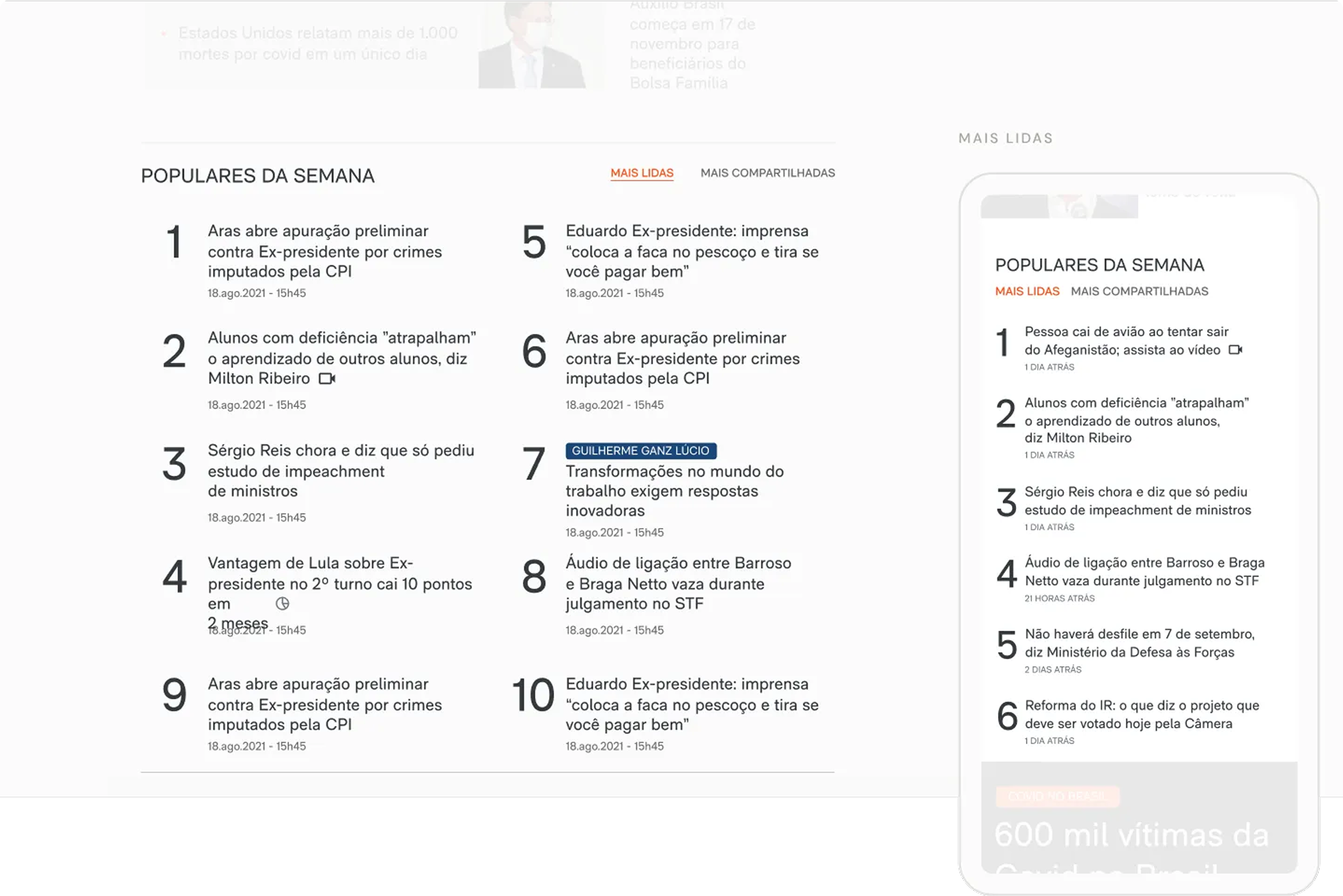 Módulo Populares da semana do Poder360 em desktop e mobile