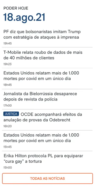 Módulo Poder Hoje do Poder360, com lista de notícias do dia e horários