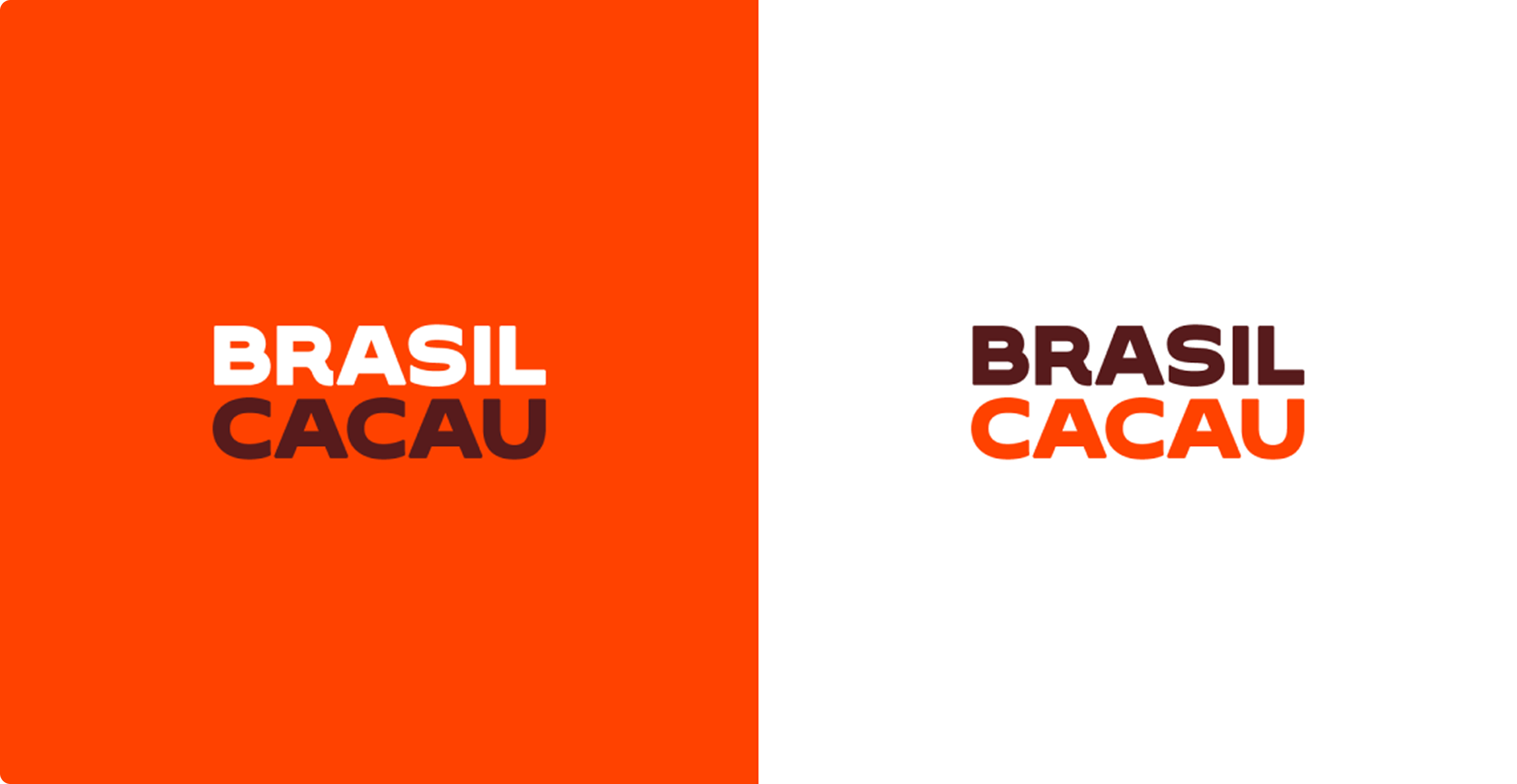 Logotipo Brasil Cacau em versões sobre fundo laranja e sobre fundo branco