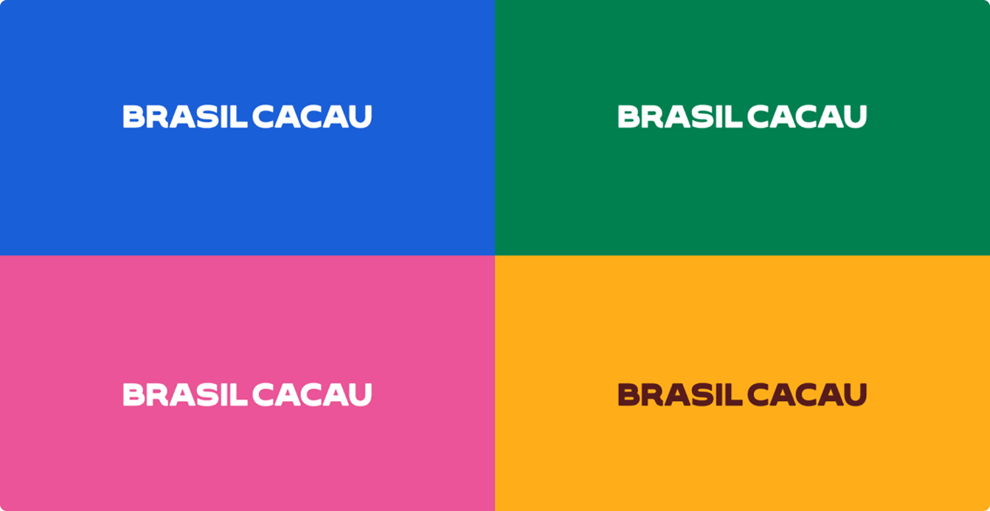 Assinatura Brasil Cacau aplicada sobre fundos azul, verde, rosa e amarelo