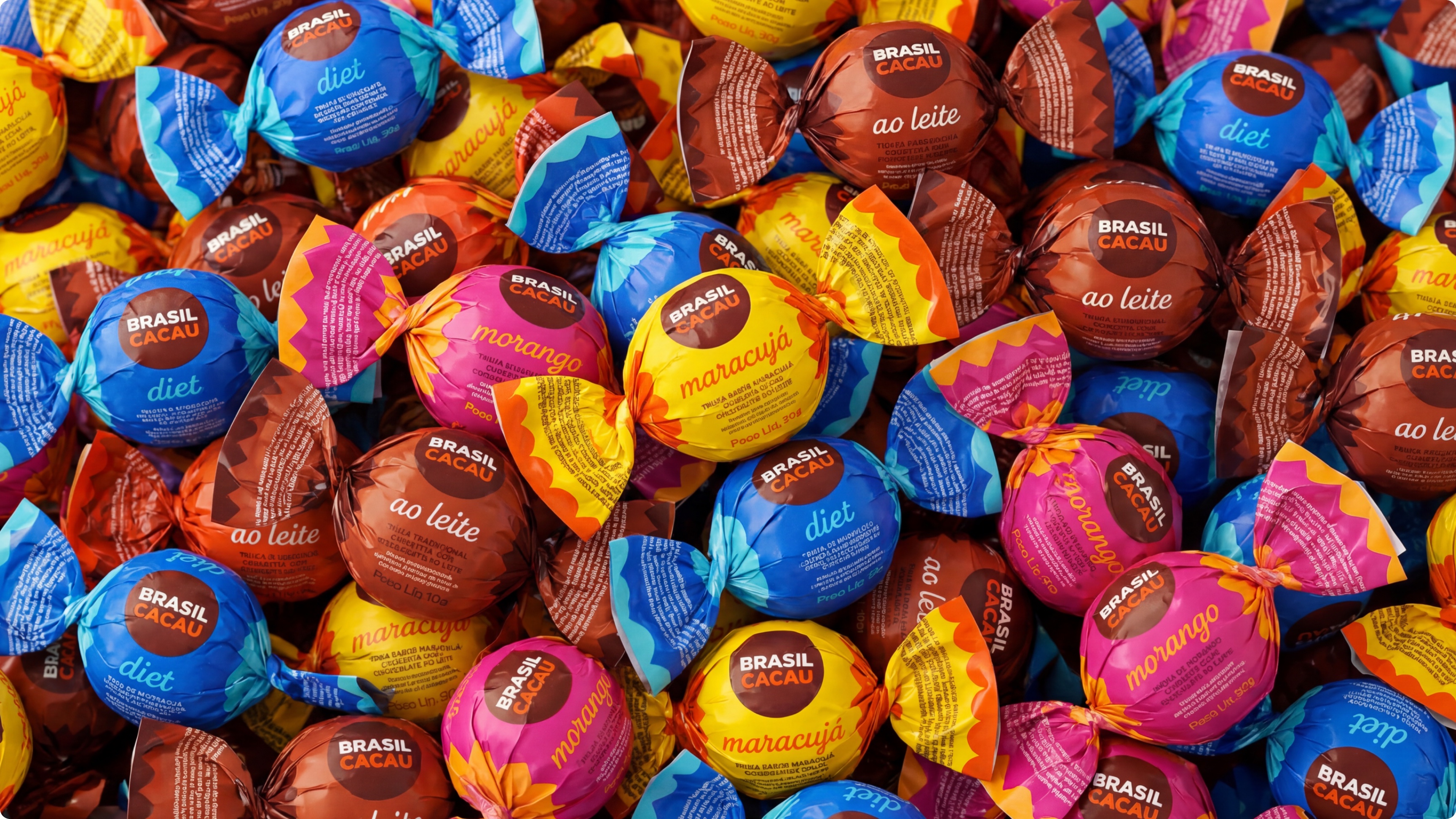 Bombons Brasil Cacau em embalagens coloridas, vistos de perto