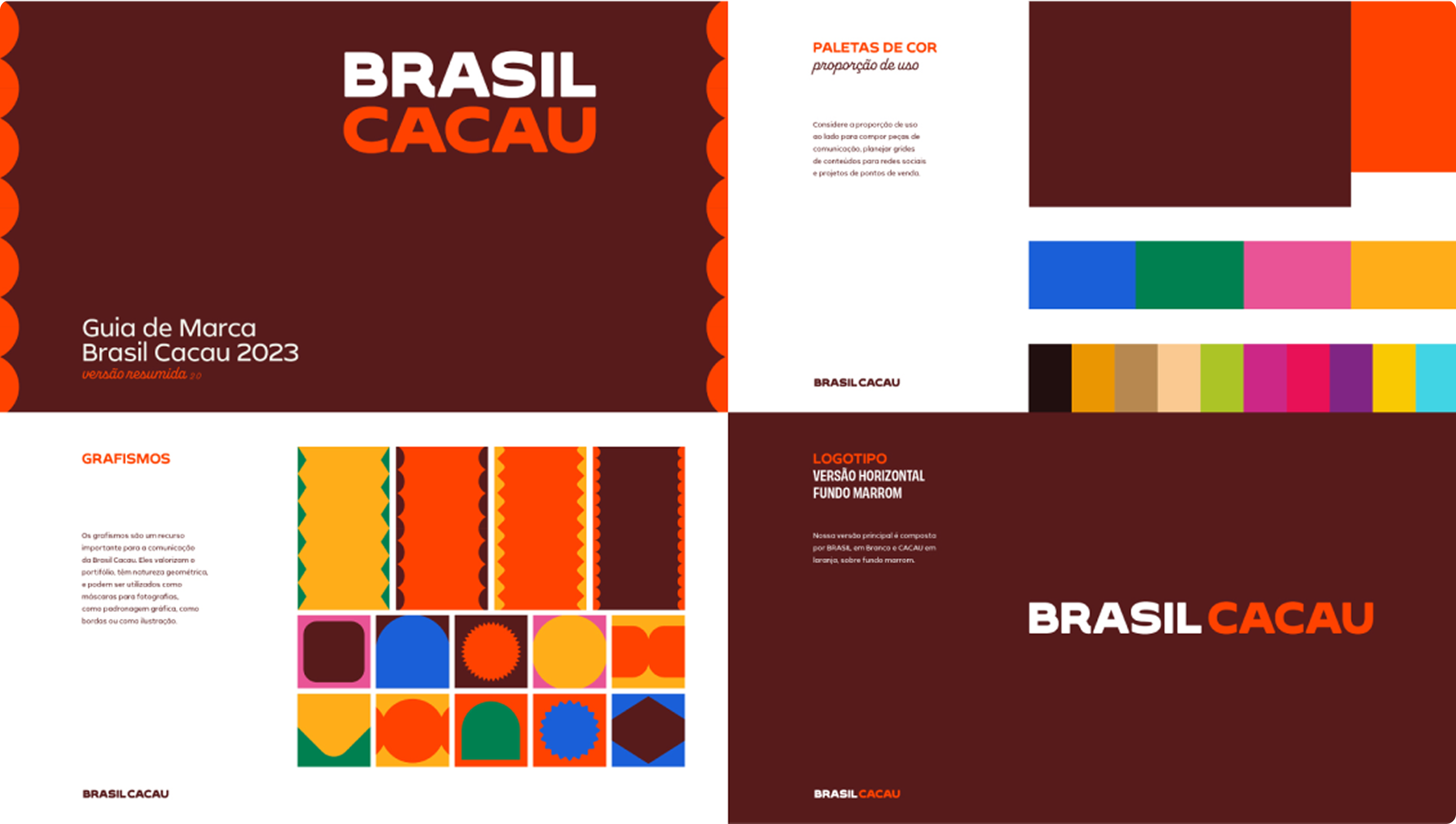 Páginas do guia de marca Brasil Cacau 2023 com logotipo, paleta de cores e padronagens