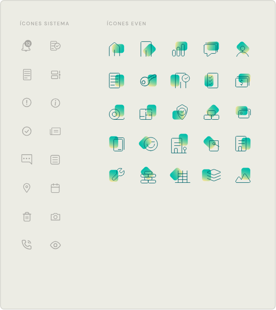 Conjunto de ícones de sistema e de uso do design system Even