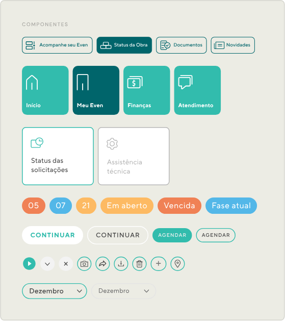 Componentes do design system Even: abas, cards, tags, botões e seletores