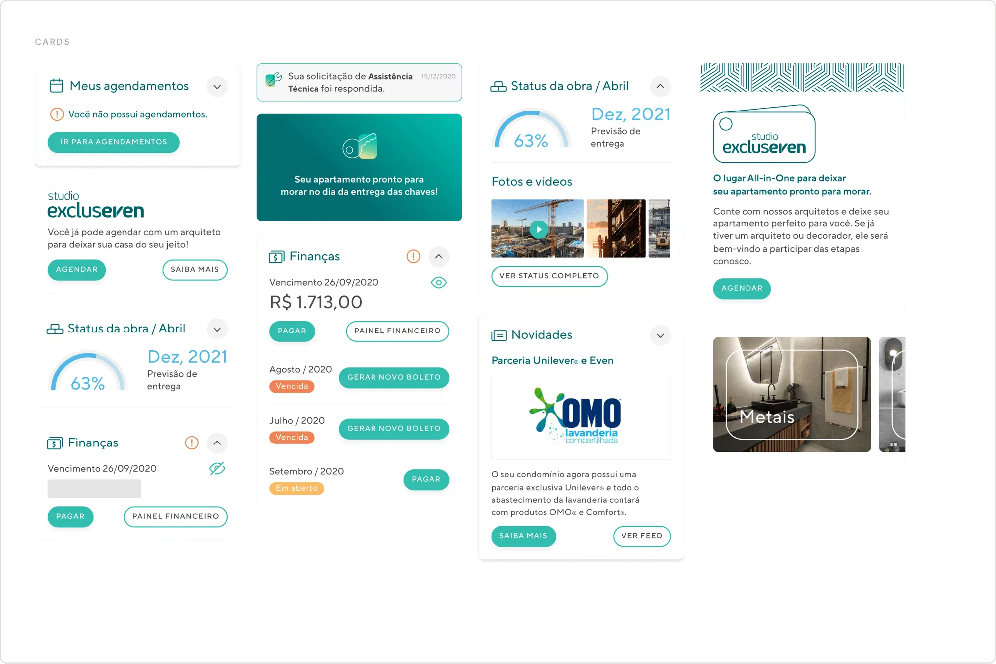 Cards do portal Even com alertas, finanças, status da obra e conteúdos Exclusiveven