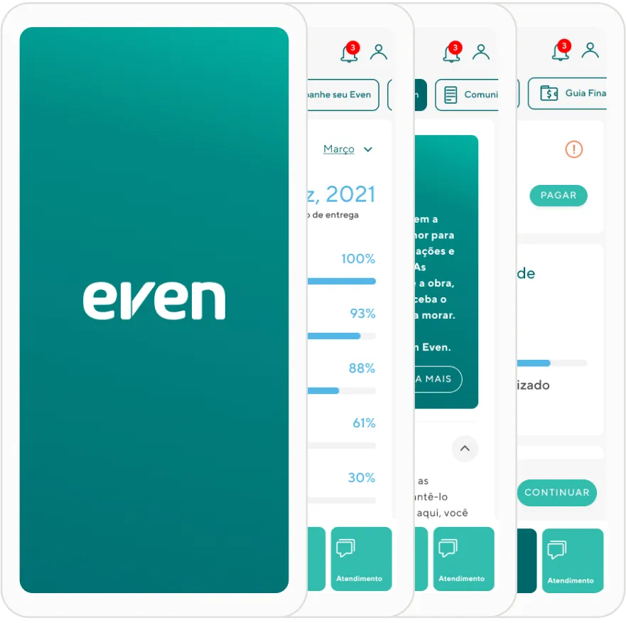 Sequência de telas do app Even, da abertura com a marca ao painel do cliente