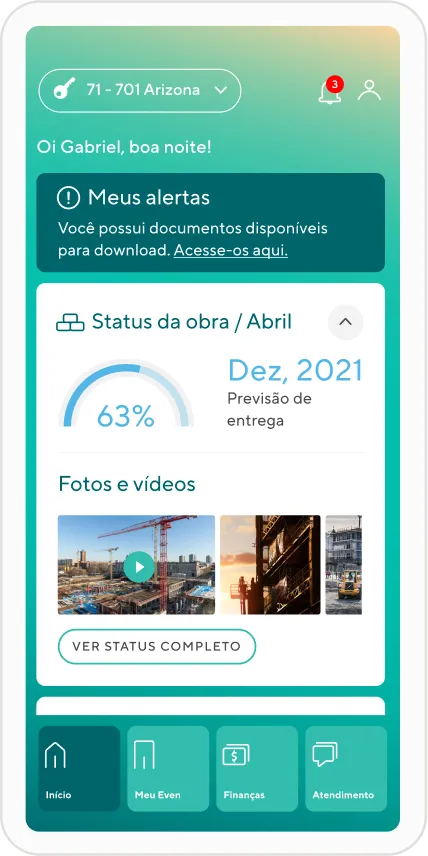 Tela inicial do app Even com alertas, status da obra e fotos do empreendimento