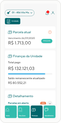 Tela de finanças da unidade no app Even, com parcela atual e saldo