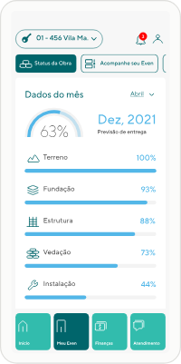 Tela de andamento da obra no app Even, com percentuais por etapa
