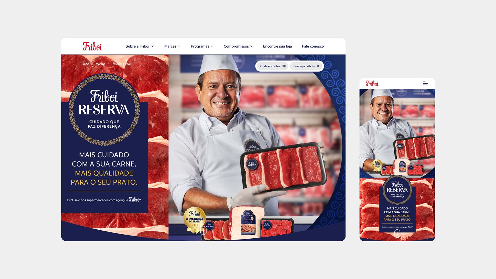 Site da Friboi Reserva em desktop e celular, com açougueiro segurando bandeja de carne