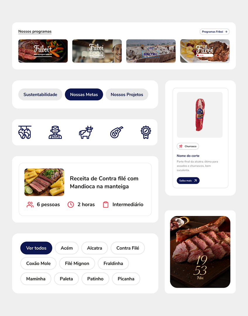 Componentes do design system Friboi: filtros, cards de receita, ícones e tags