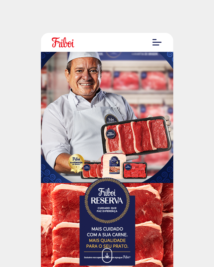 Tela mobile da Friboi Reserva com açougueiro segurando bandeja de carne