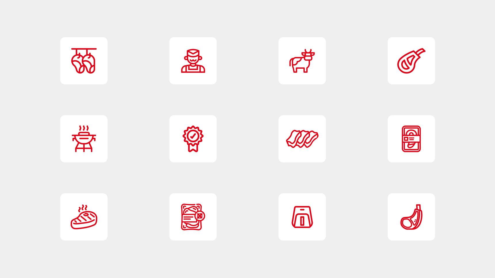 Conjunto de ícones vermelhos do design system Friboi, com cortes, utensílios e preparo