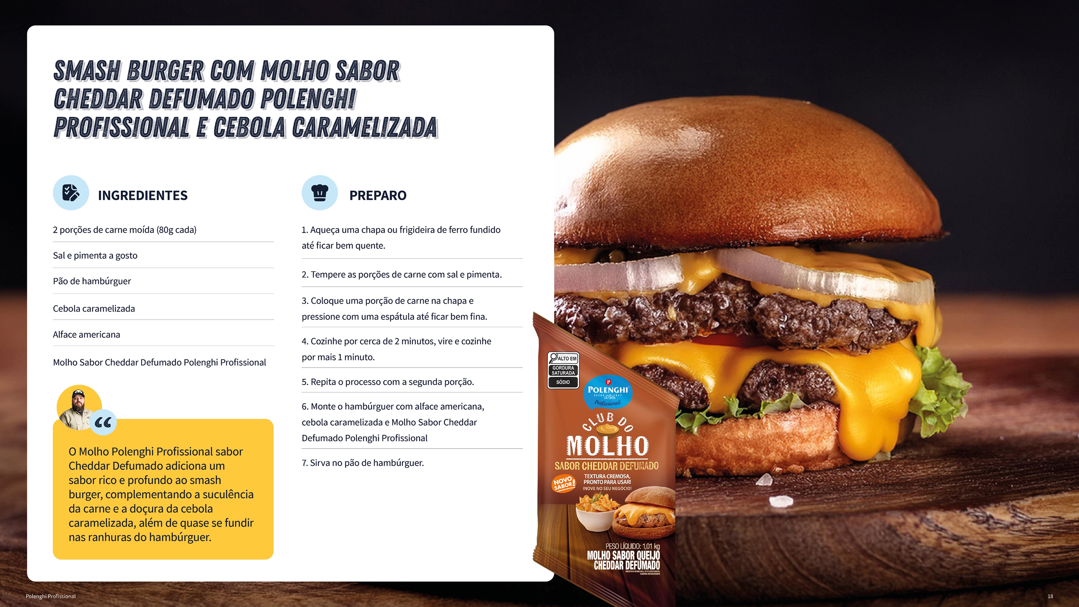 Página de receita de smash burger com molho sabor cheddar defumado Polenghi Profissional e cebola caramelizada