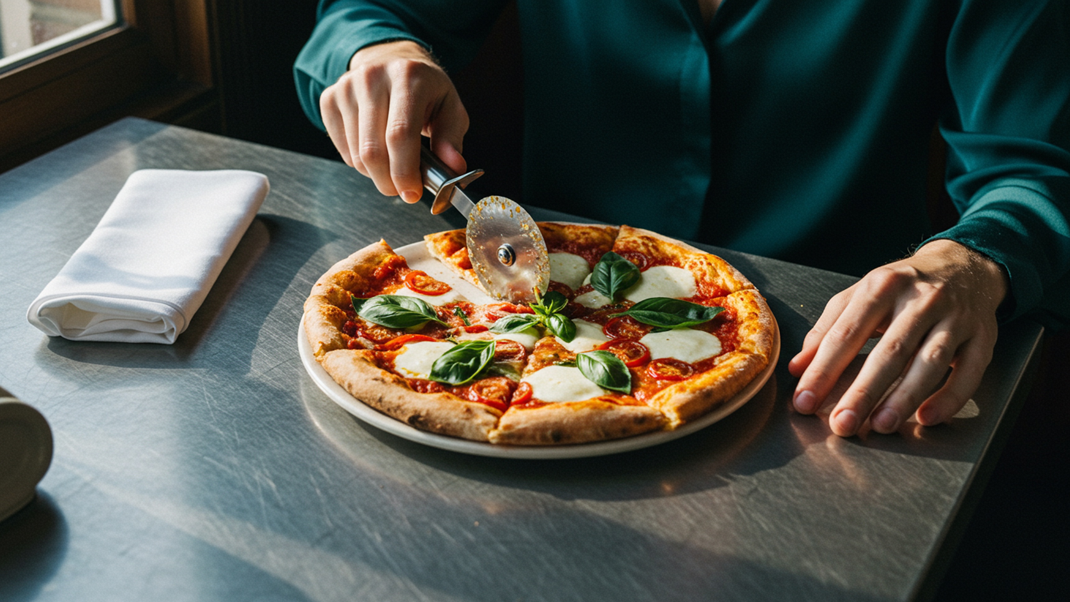 Mãos cortando pizza margherita em bancada de inox