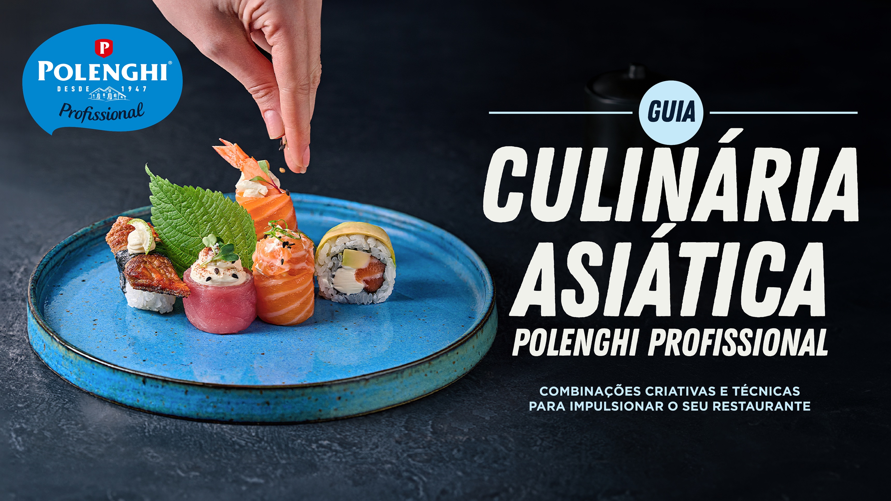 Capa do Guia de Culinária Asiática da Polenghi Profissional, com prato de sushi