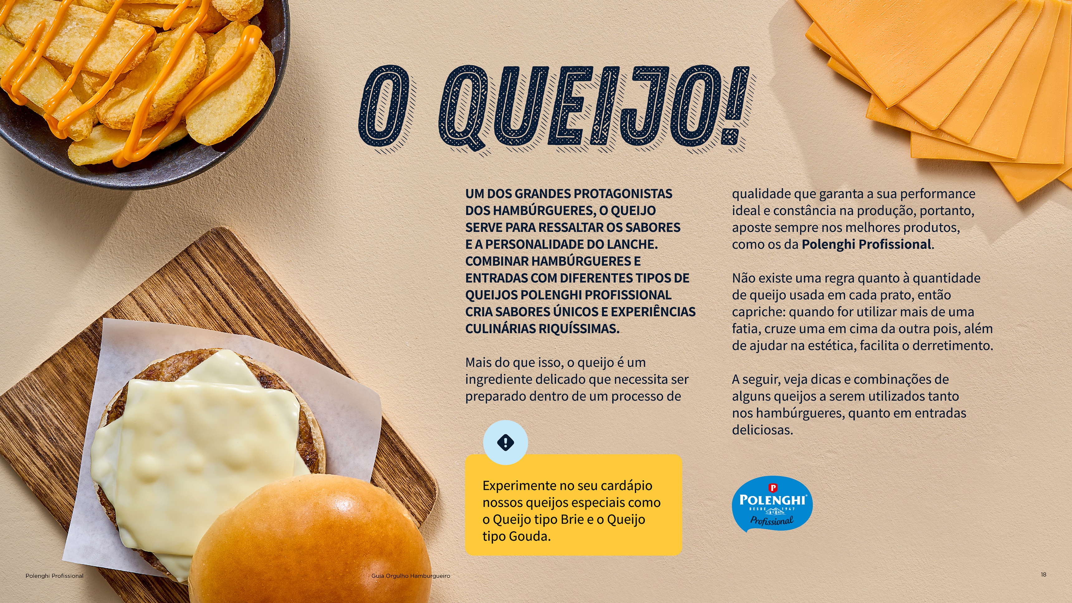 Página O queijo! do Guia Orgulho Hamburgueiro, com fatias de queijo cheddar e lanche