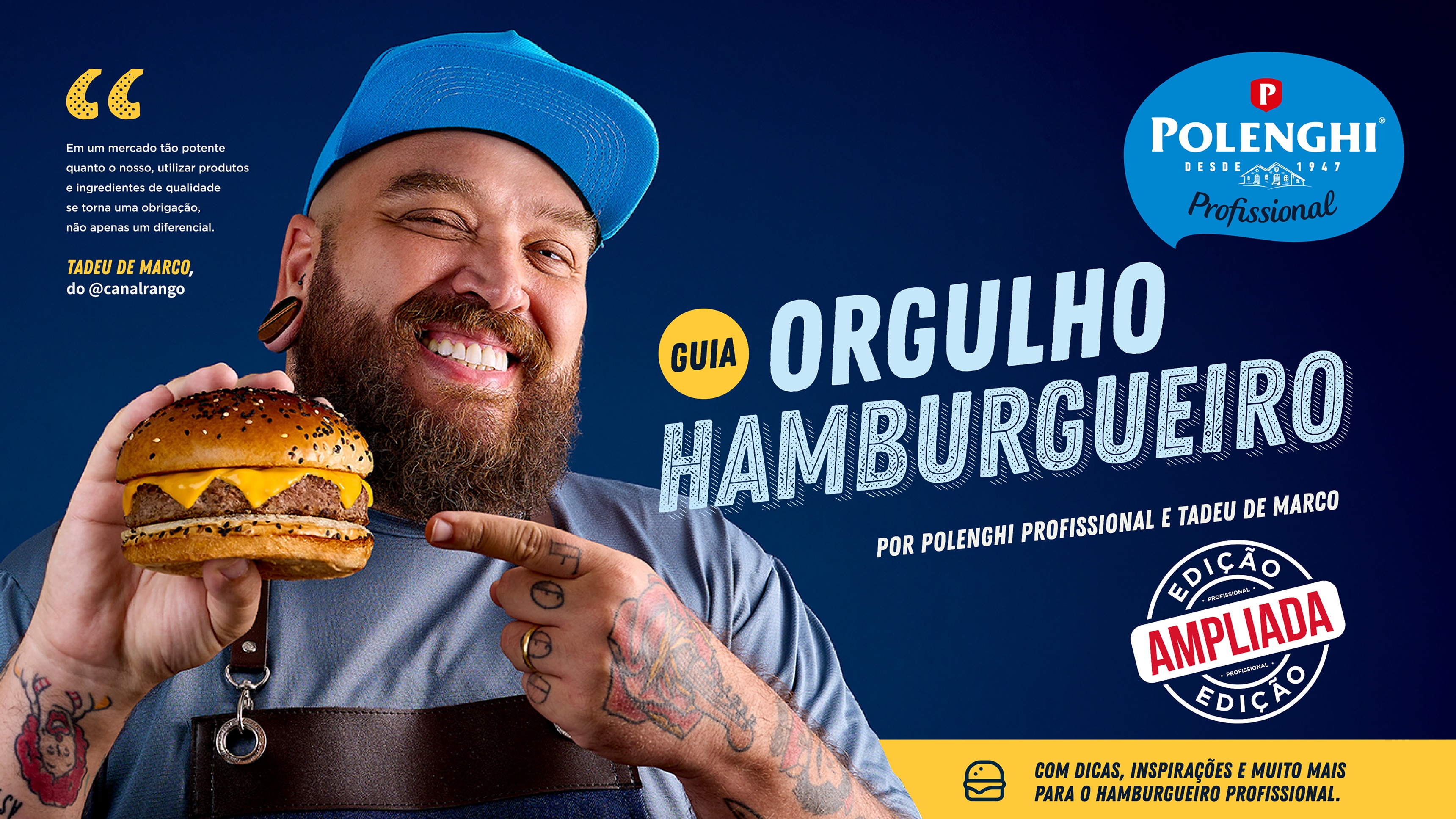 Capa do Guia Orgulho Hamburgueiro da Polenghi Profissional, com hamburgueiro sorridente segurando um lanche
