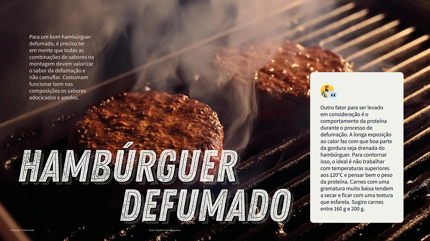 Página Hambúrguer defumado, com carnes na grelha e fumaça