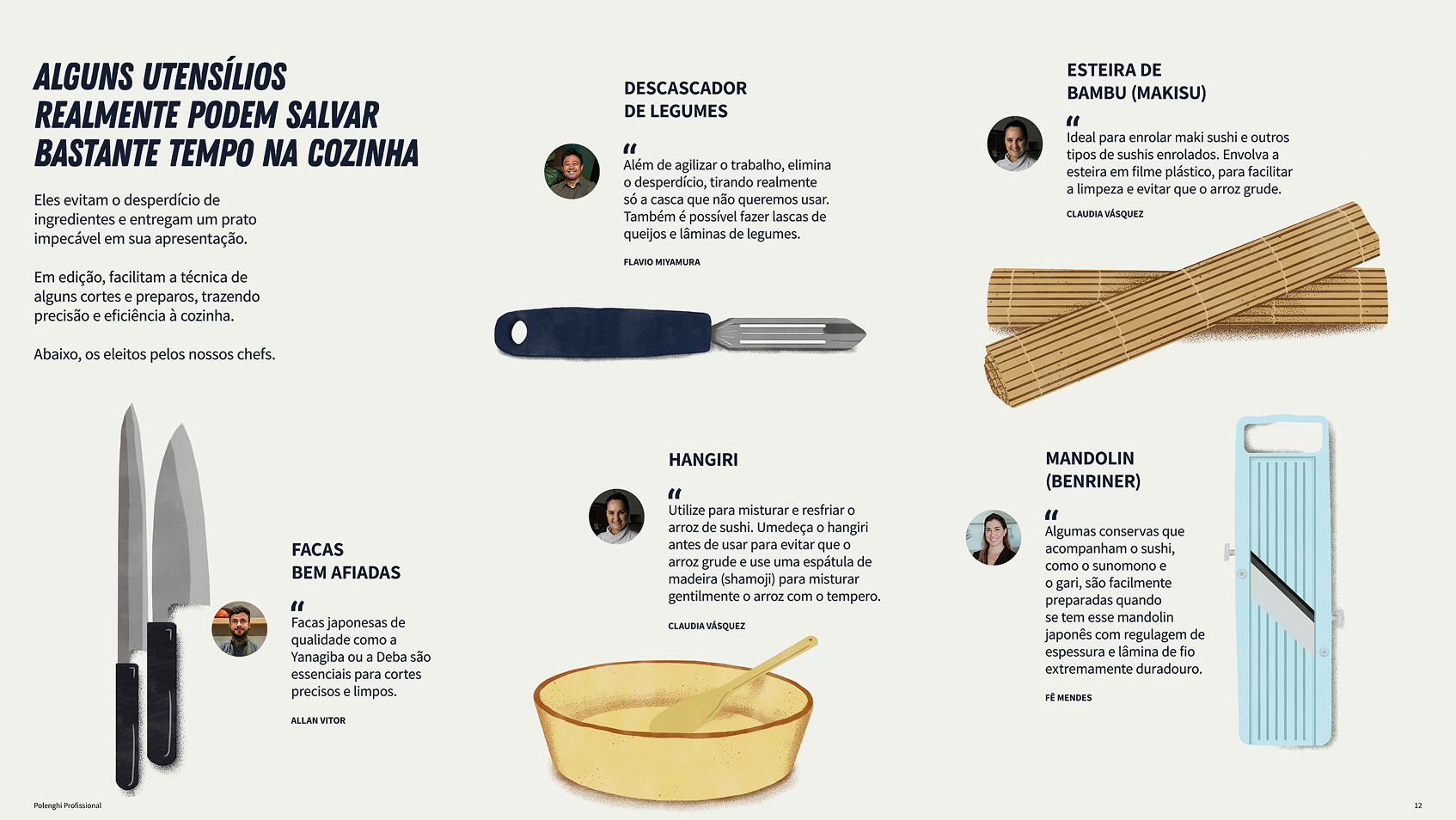 Página do Guia de Culinária Asiática sobre utensílios, com facas, tigelas e esteiras ilustradas