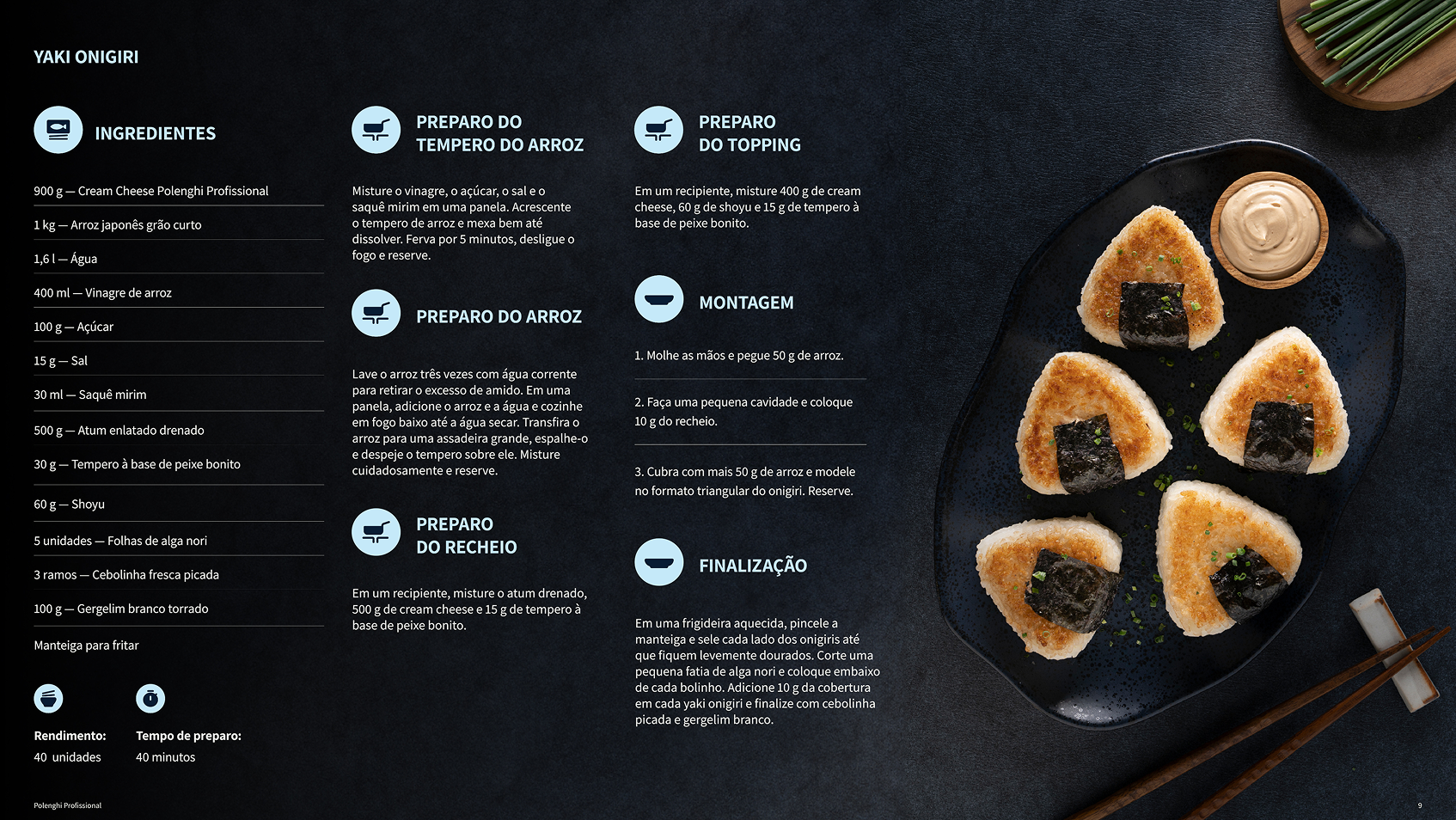 Página de receita de onigiri do Guia de Culinária Asiática, com ingredientes e modo de preparo