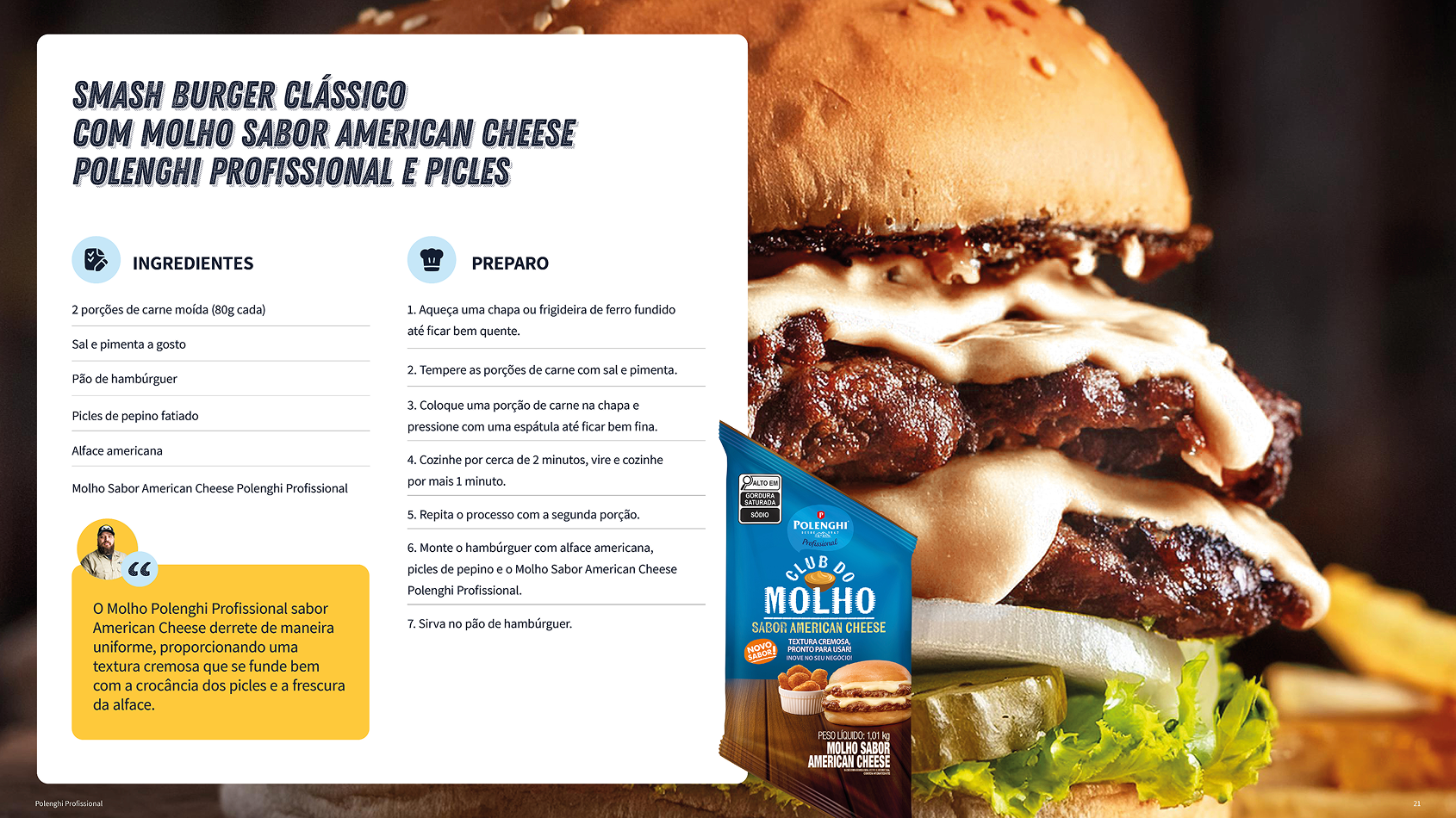 Página de receita de smash burger clássico com molho sabor american cheese Polenghi Profissional