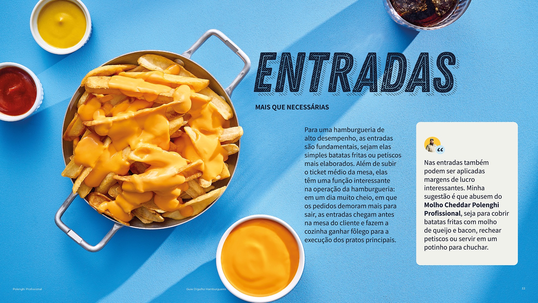 Página Entradas do Guia Orgulho Hamburgueiro, com batatas fritas cobertas de queijo sobre fundo azul