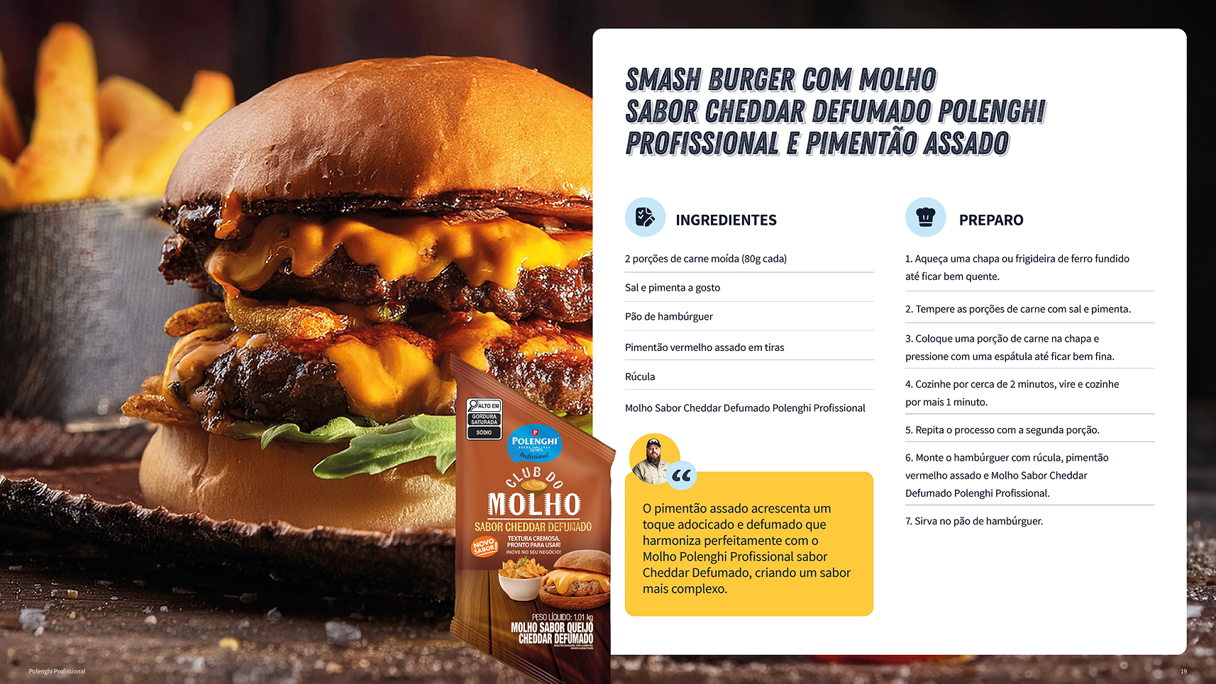 Página de receita de smash burger com molho sabor suíço defumado Polenghi Profissional e pimentão assado