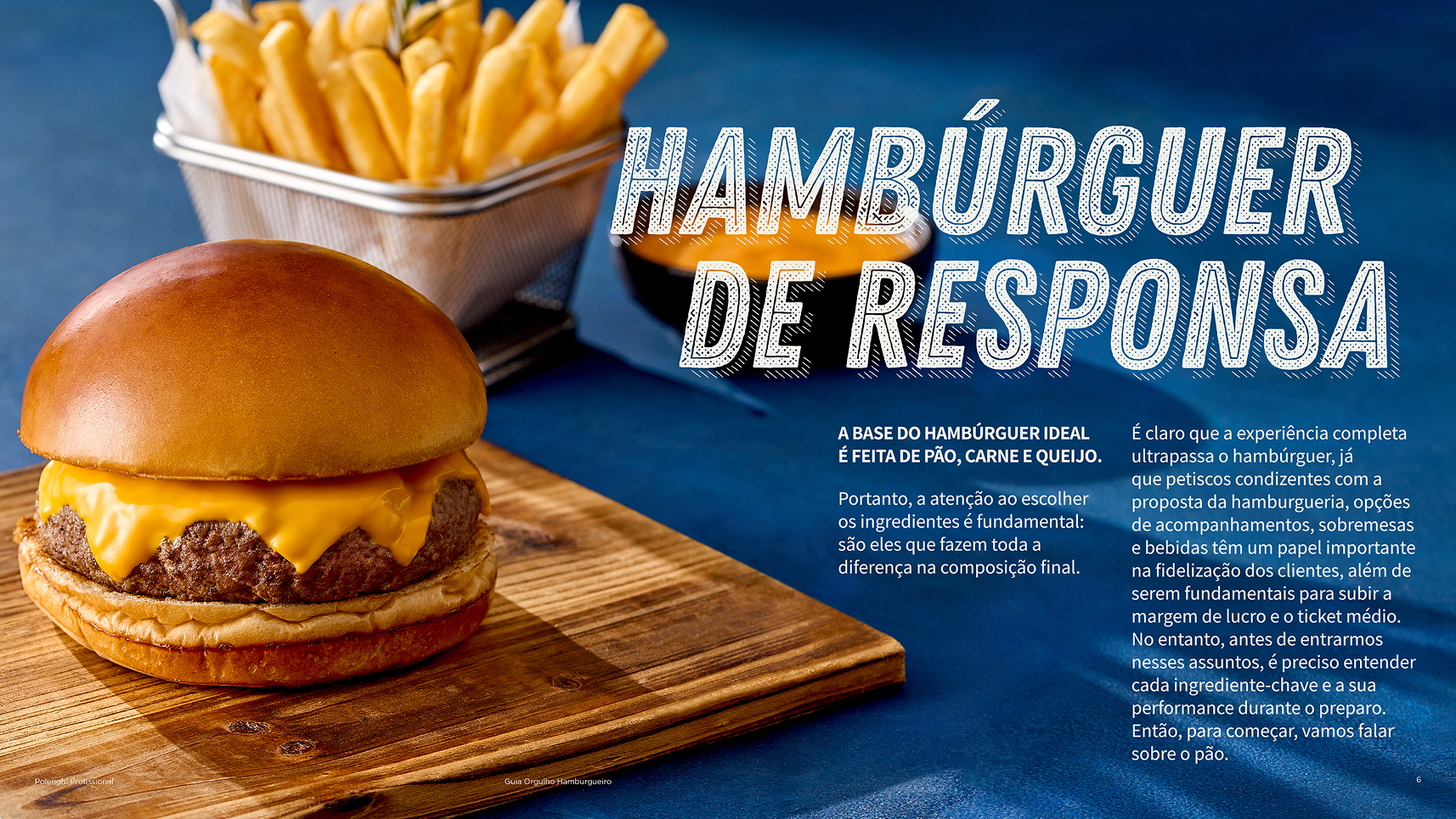 Página Hambúrguer de responsa, com hambúrguer e batatas fritas sobre tábua