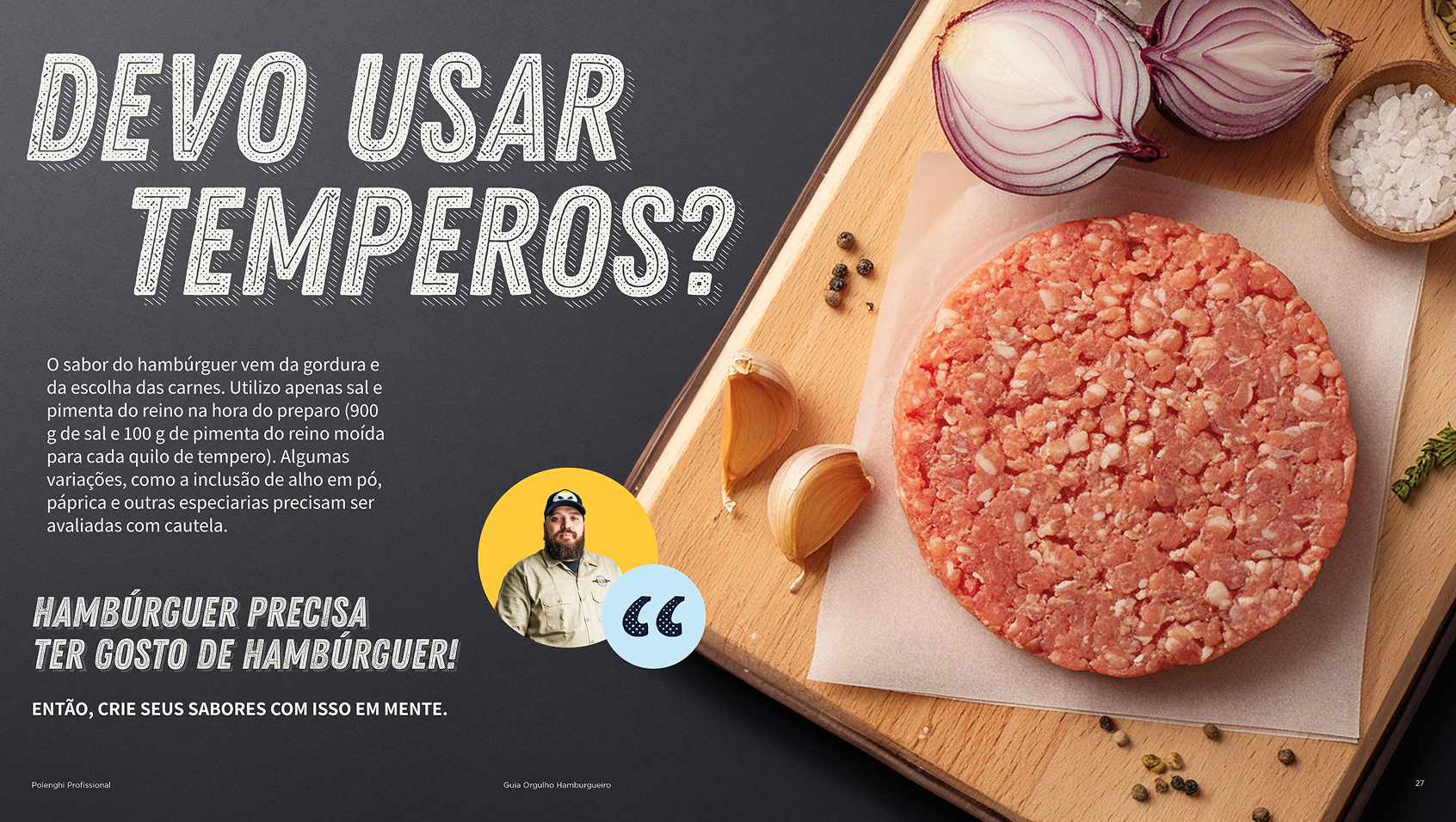 Página Devo usar temperos? do Guia Orgulho Hamburgueiro, com hambúrguer cru, cebola e alho