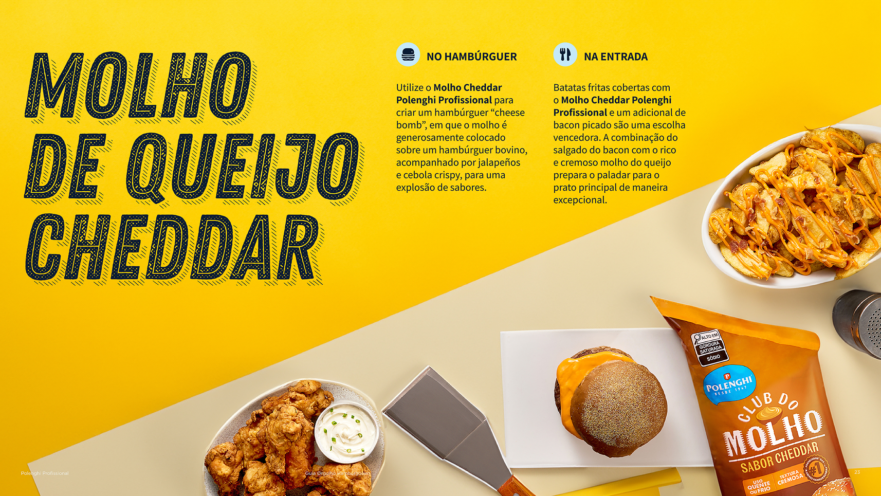 Página Molho de queijo cheddar, com porções e embalagem do molho Polenghi Profissional