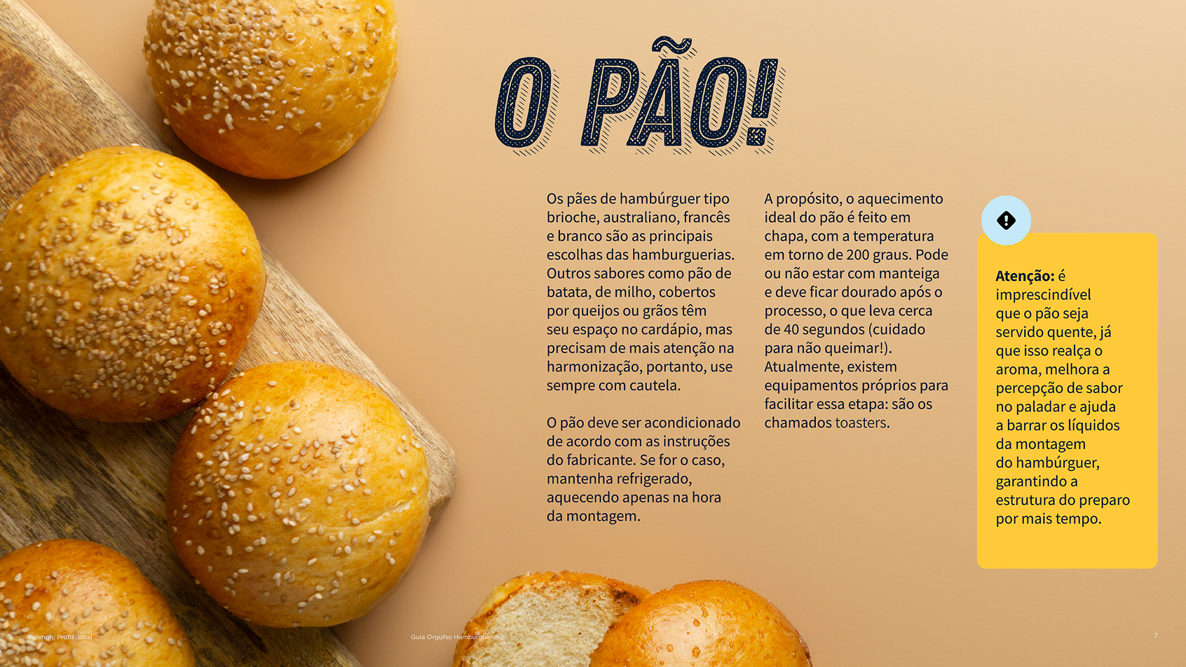 Página O pão! do Guia Orgulho Hamburgueiro, com pães de hambúrguer dourados