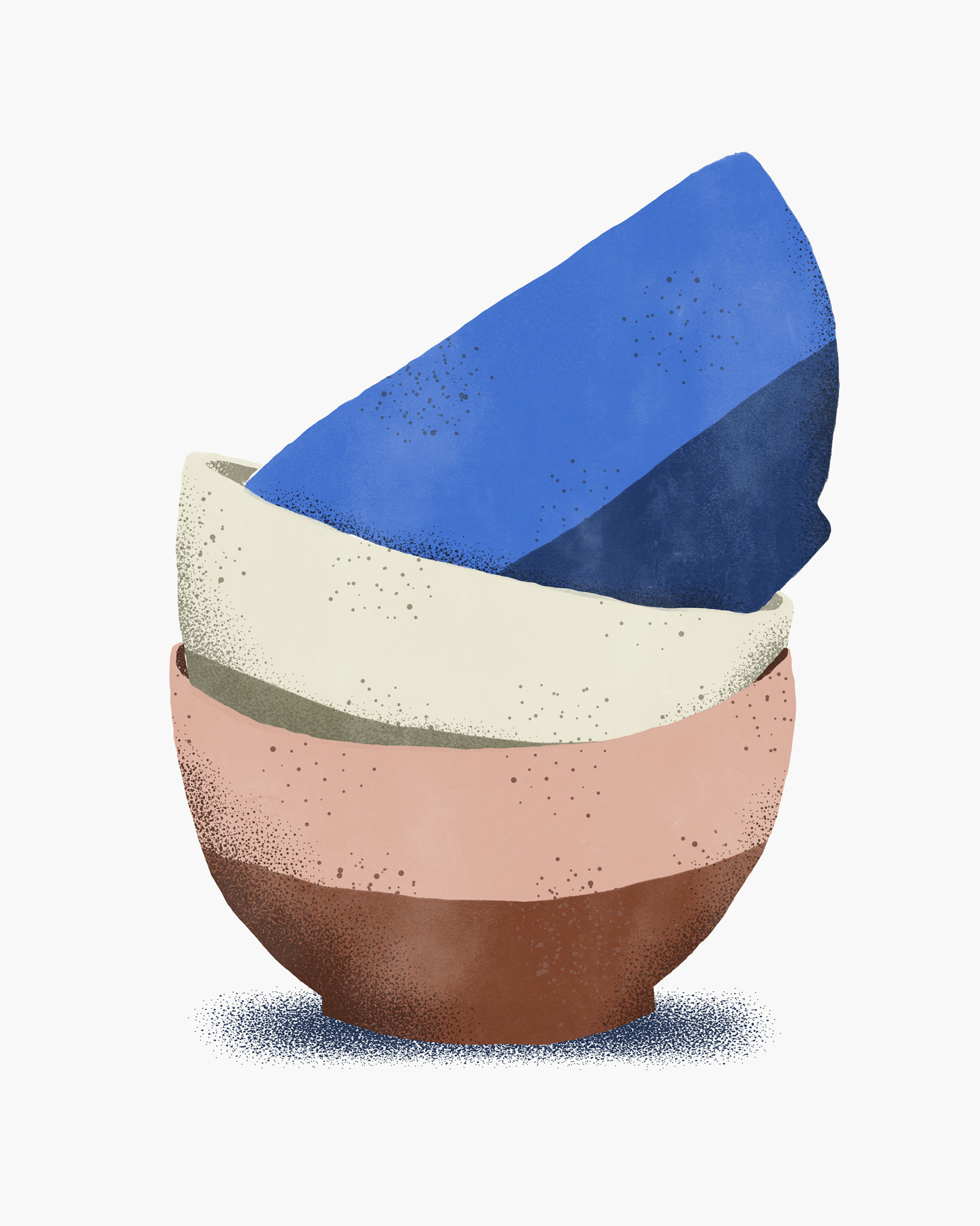 Ilustração de tigelas de cerâmica empilhadas em azul, creme e terracota