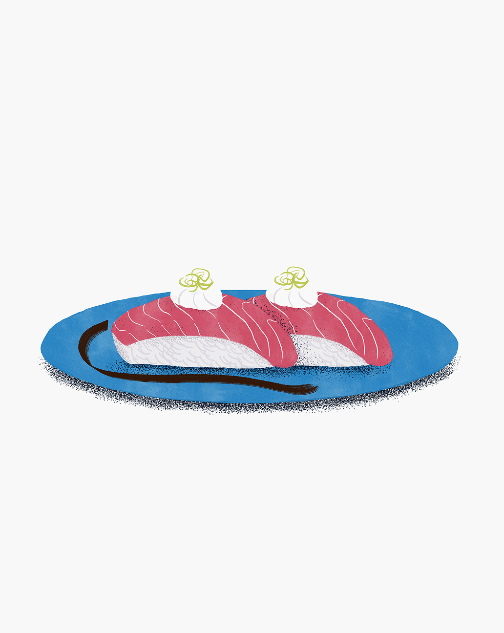 Ilustração de niguiris de peixe em prato azul