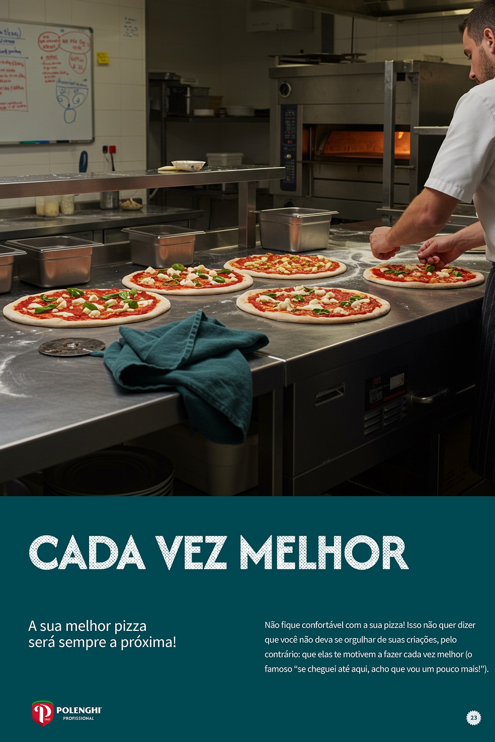 Página Cada vez melhor, do Guia da Pizza, com pizzas sendo montadas em cozinha profissional