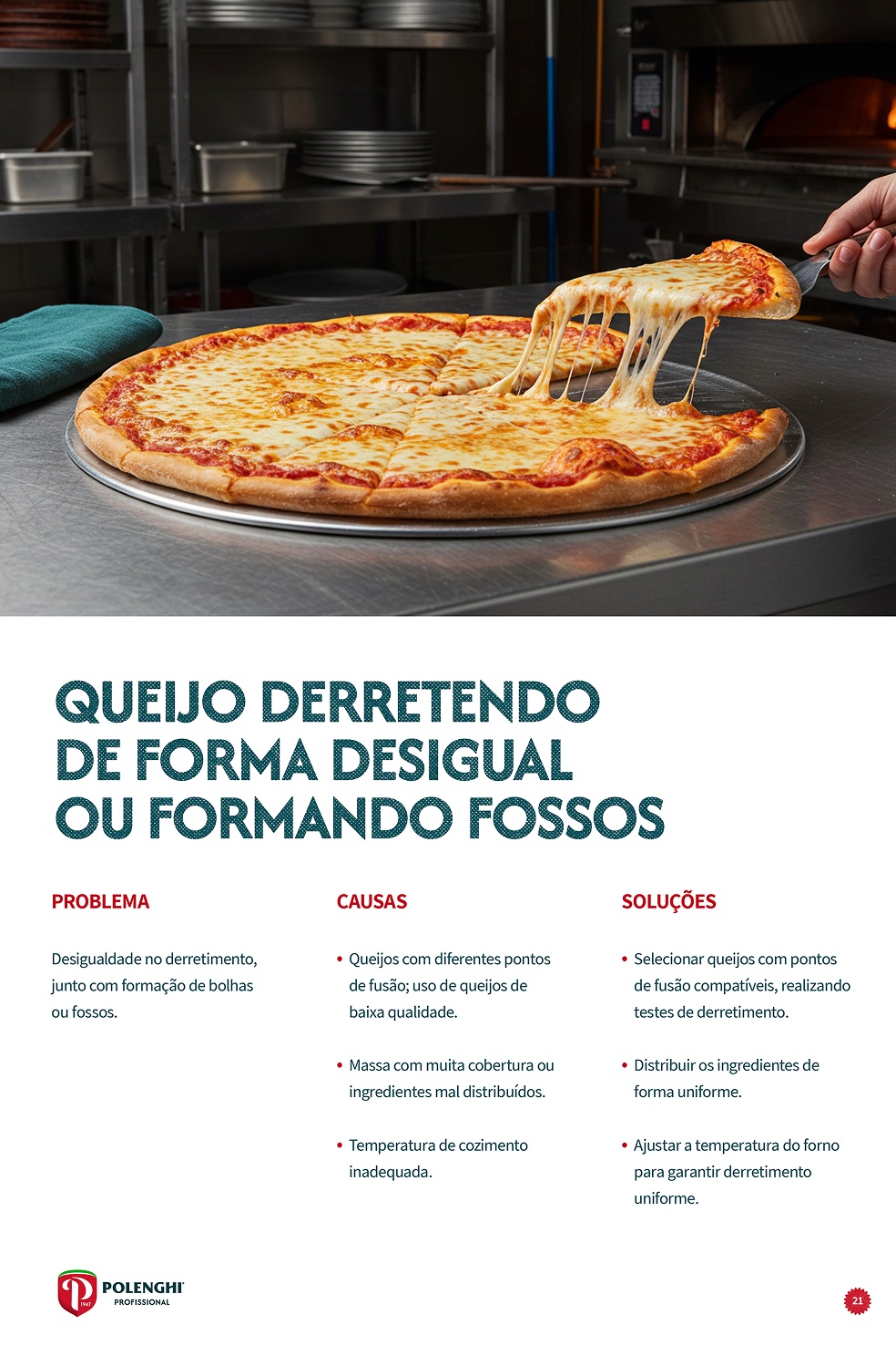 Página do Guia da Pizza sobre queijo que derrete de forma desigual, com tabela de problemas e soluções