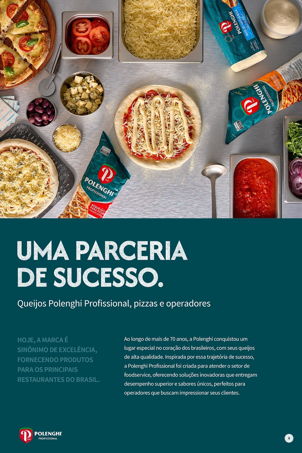 Página Uma parceria de sucesso, com pizzas e produtos Polenghi Profissional vistos de cima