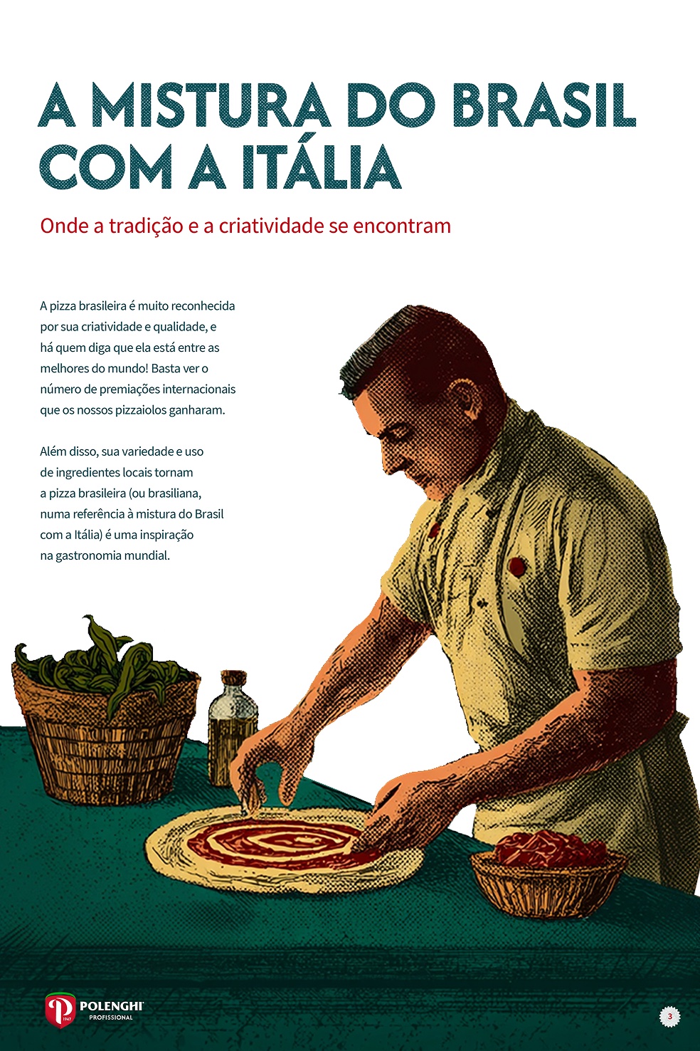 Página A mistura do Brasil com a Itália, com ilustração de pizzaiolo montando uma pizza