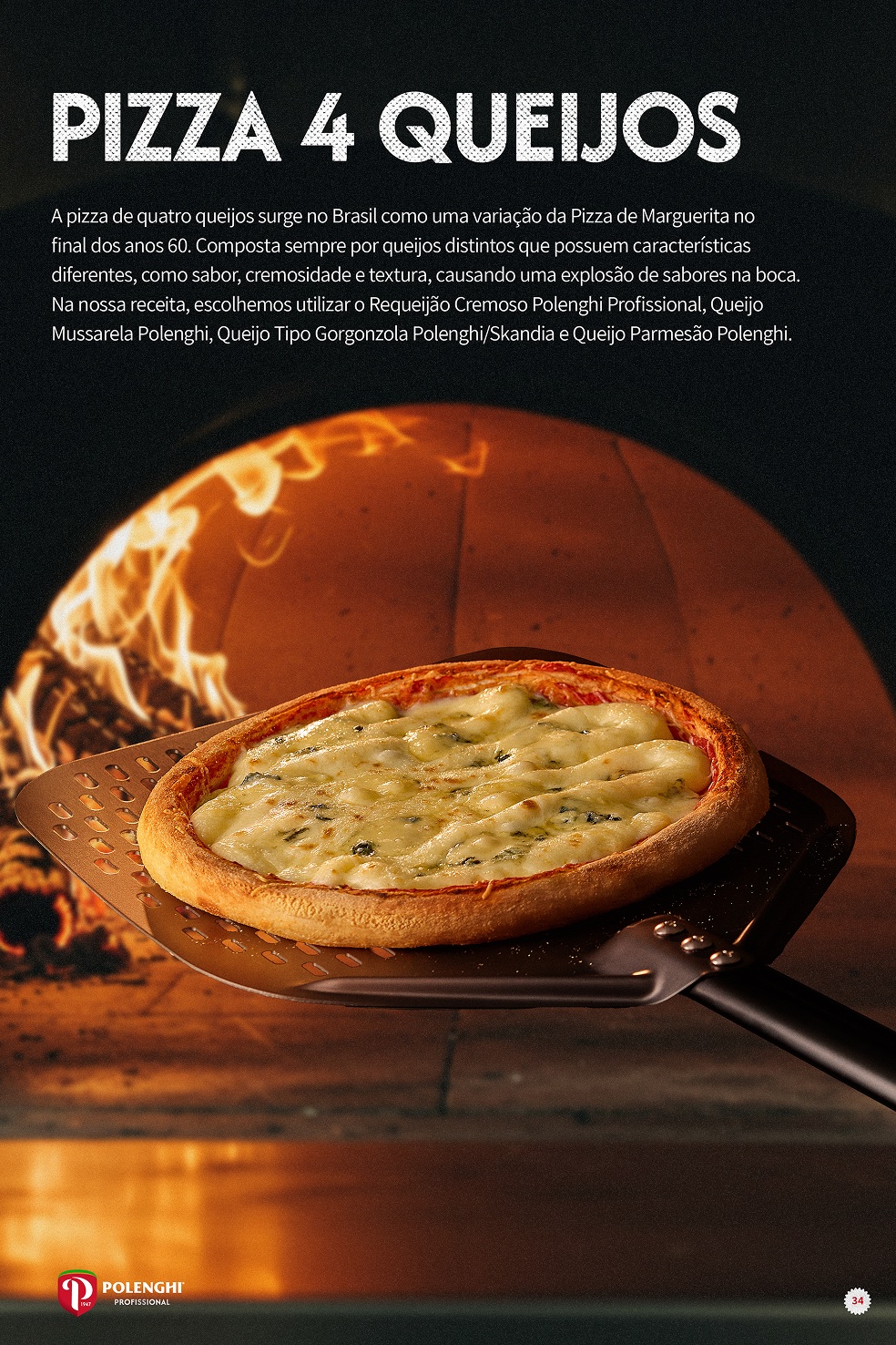 Página da receita Pizza 4 queijos, com pizza saindo do forno a lenha