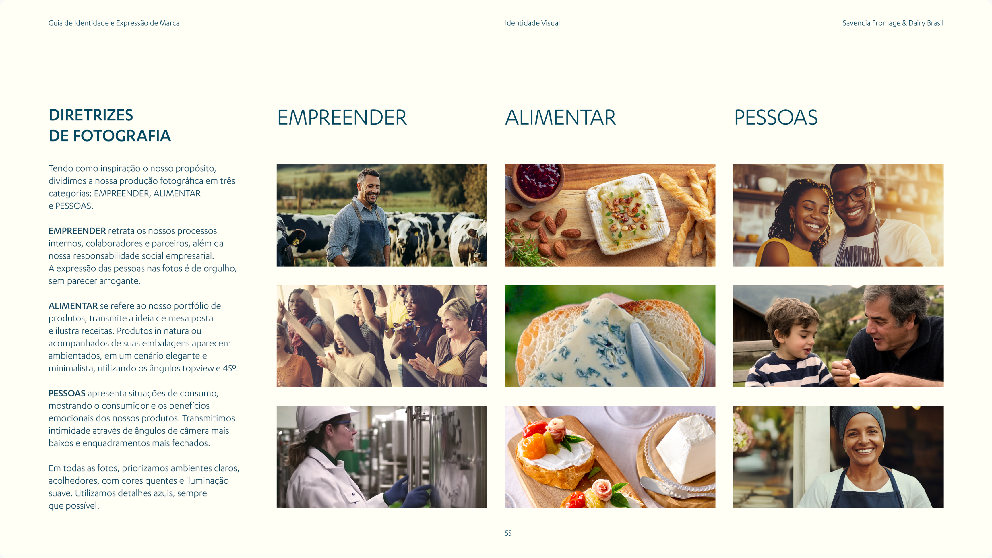 Página de direção de fotografia da Savencia com os eixos empreender, alimentar e pessoas