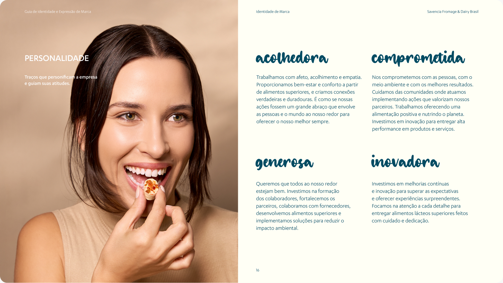 Página de personalidade da Savencia, com mulher sorrindo ao provar queijo e os atributos acolhedora, comprometida, generosa e inovadora