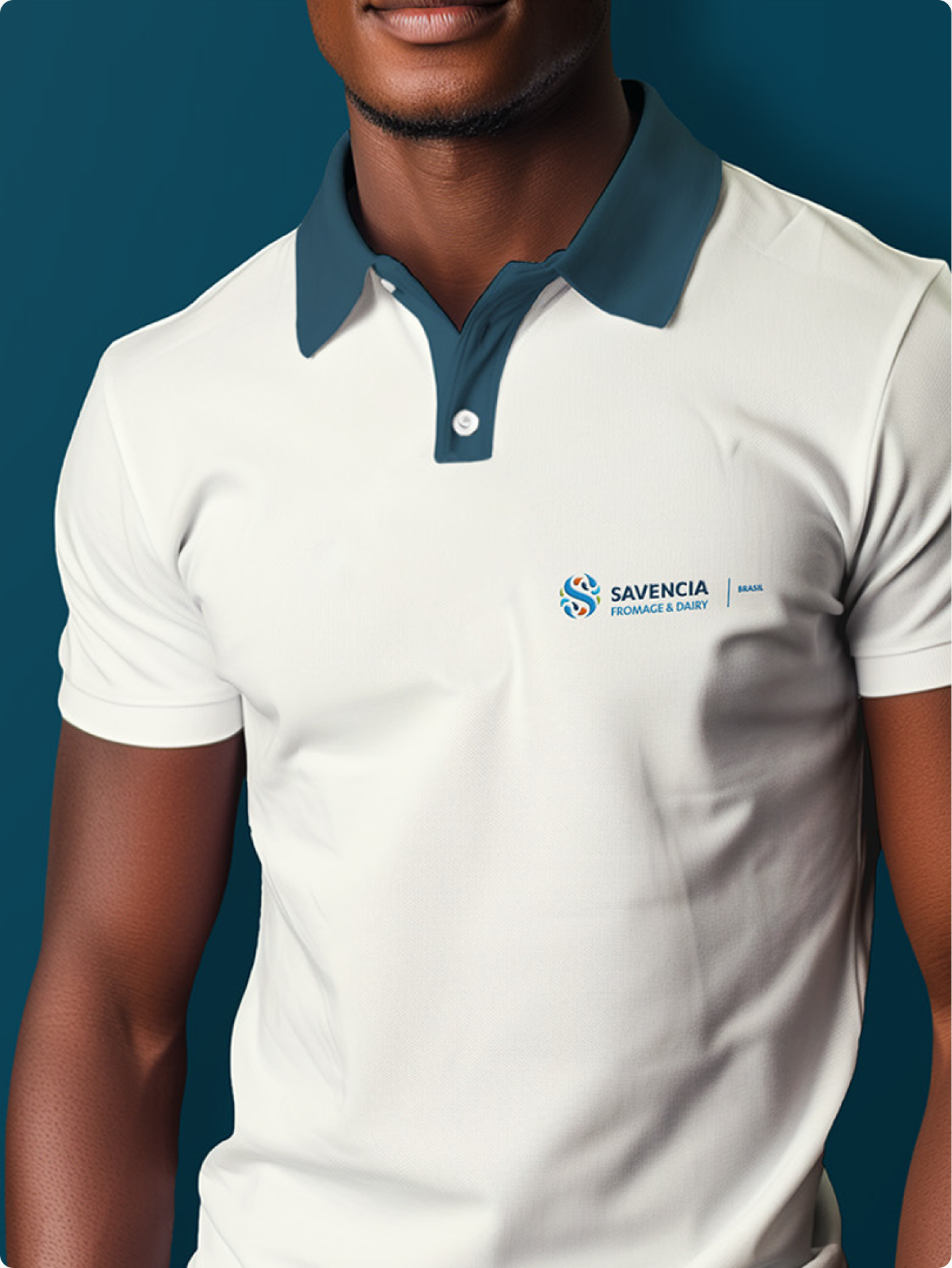 Homem vestindo camisa polo branca com gola azul e a assinatura Savencia