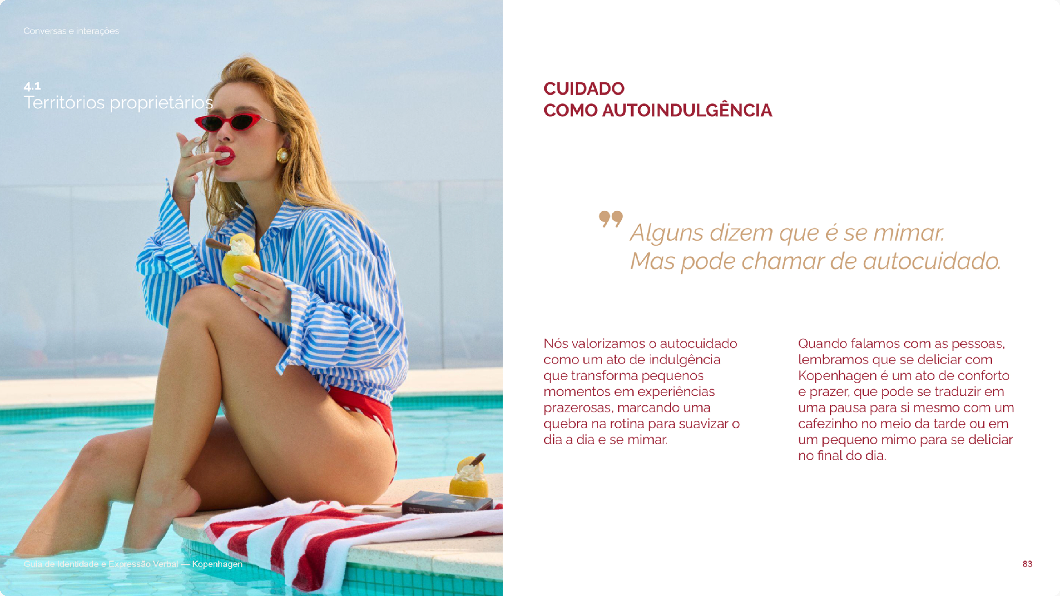 Página do guia Kopenhagen com exemplo de comunicação e mulher à beira da piscina