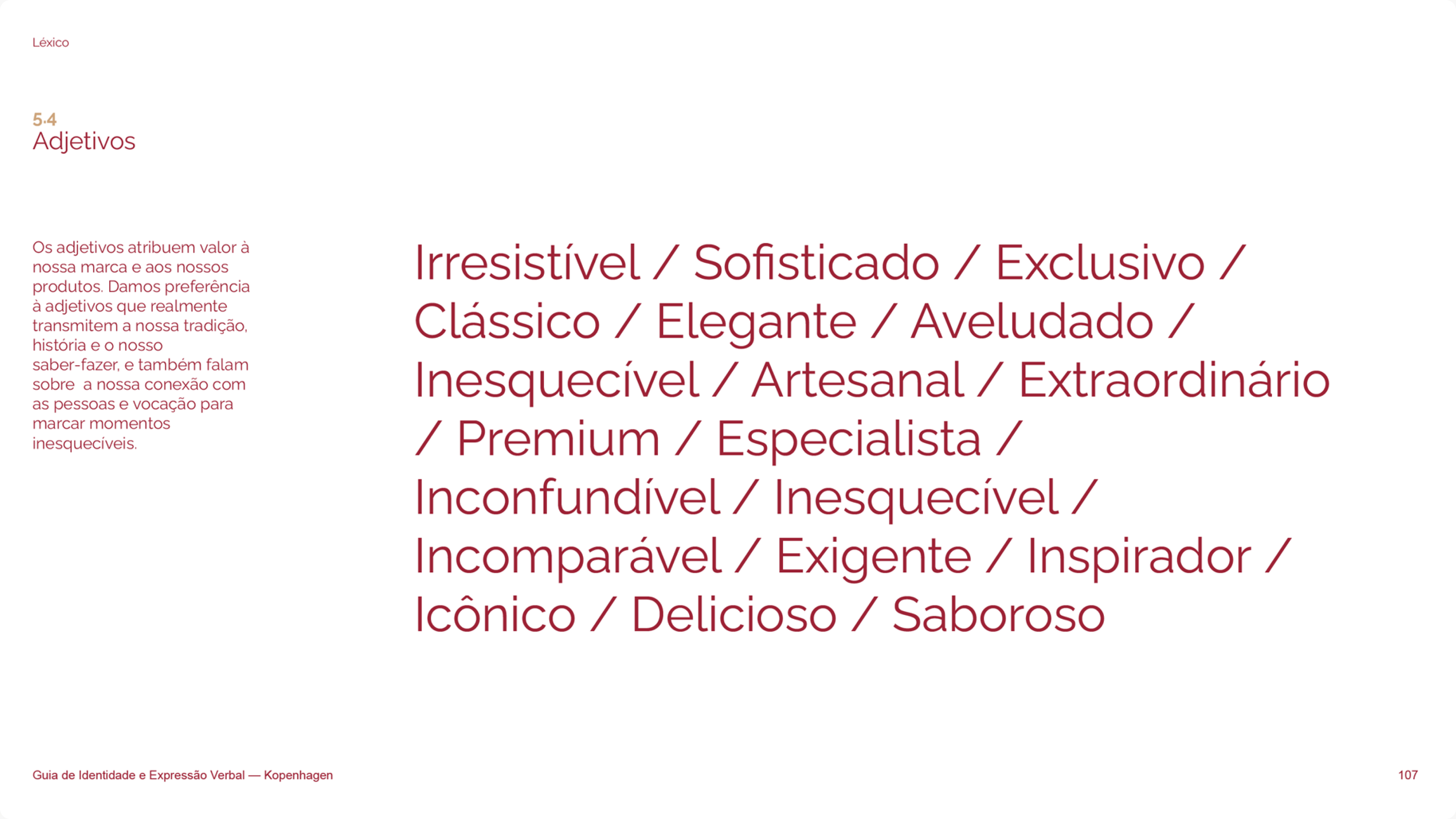 Página do guia Kopenhagen com o vocabulário da marca: irresistível, sofisticado, exclusivo, artesanal e outros