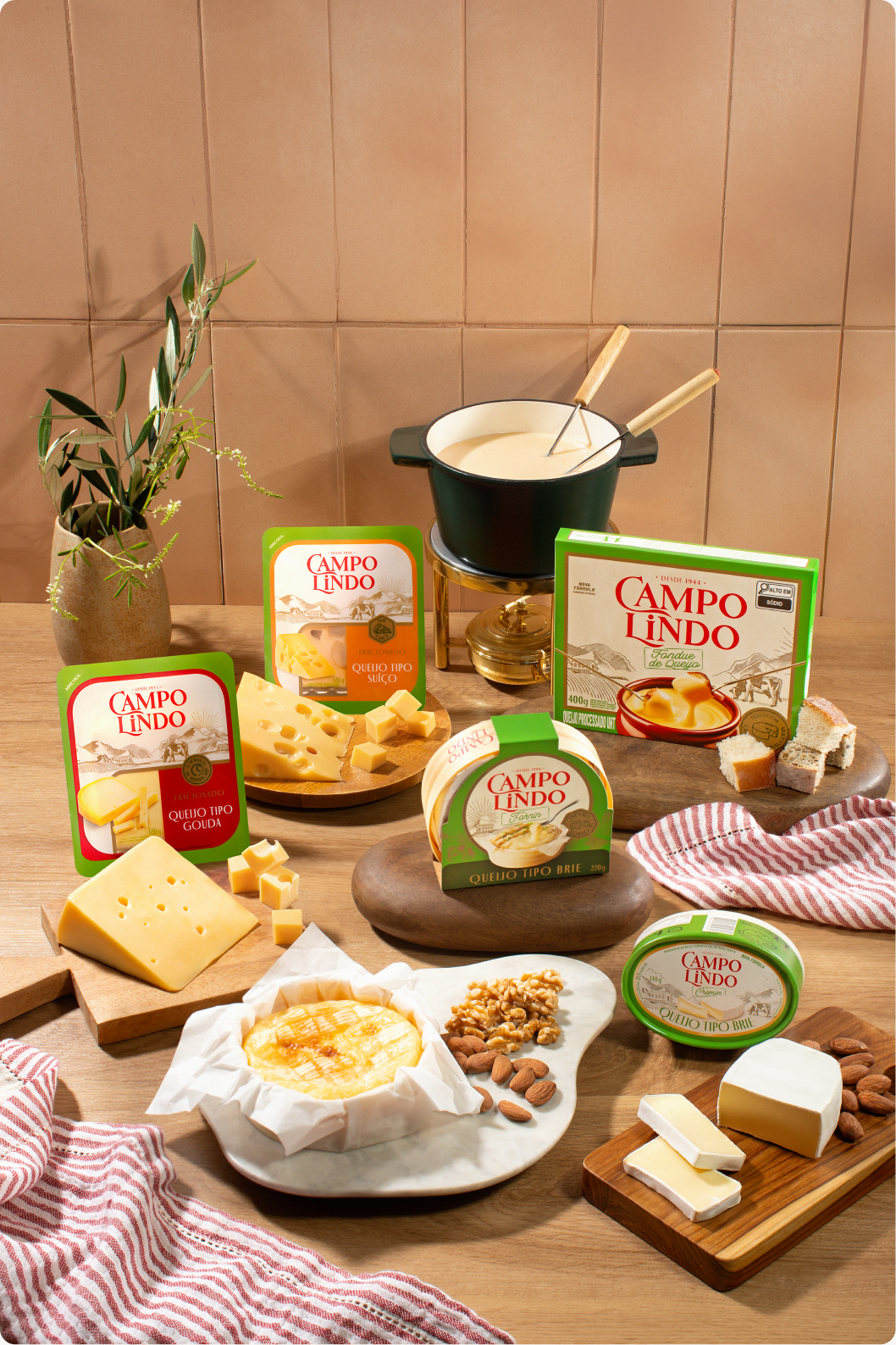 Mesa posta com fondue, queijos e embalagens Campo Lindo