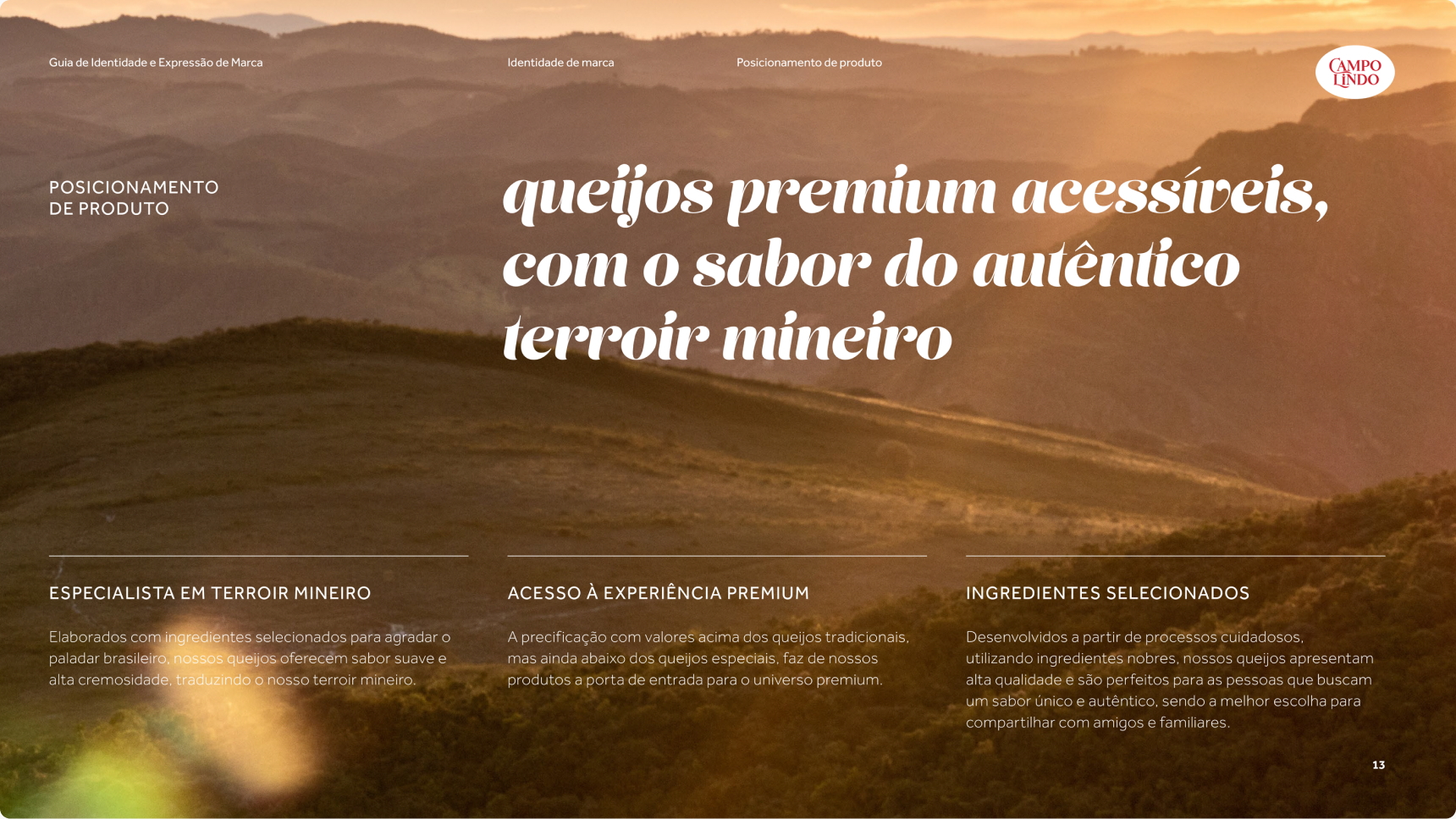Página de posicionamento da Campo Lindo: queijos premium acessíveis, com o sabor do autêntico terroir mineiro