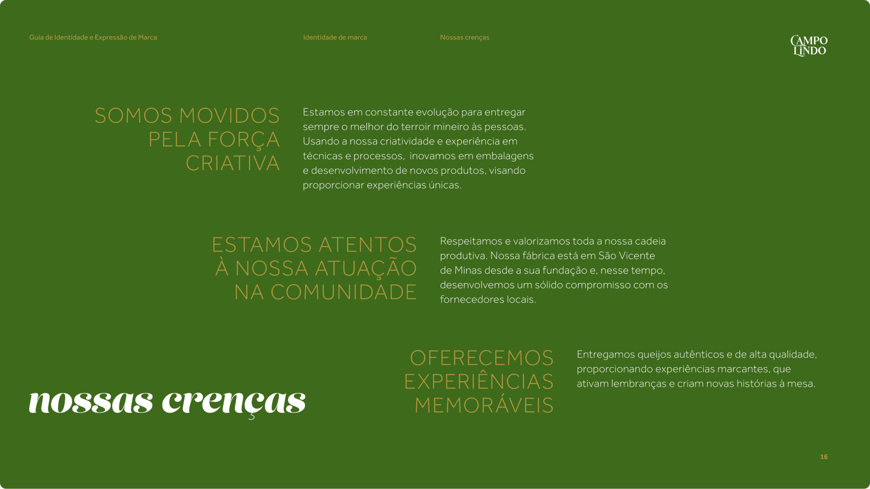 Página Nossas crenças do guia Campo Lindo, com texto claro sobre fundo verde