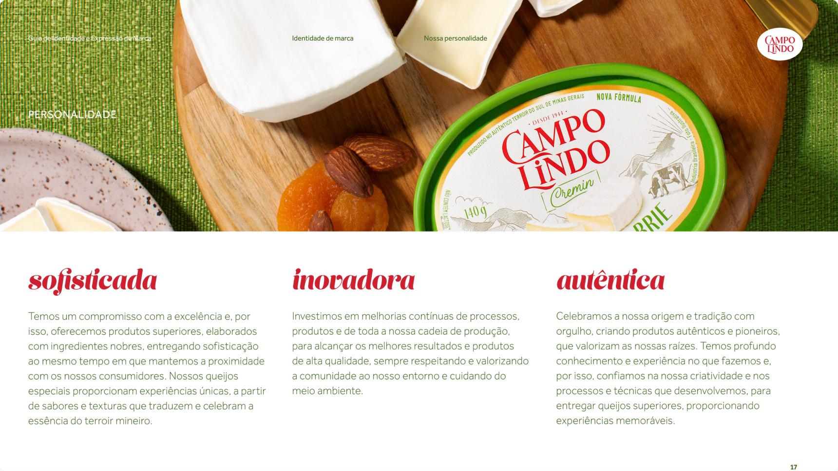 Página do guia Campo Lindo com queijo e pão em tábua e os atributos sofisticada, inovadora e autêntica